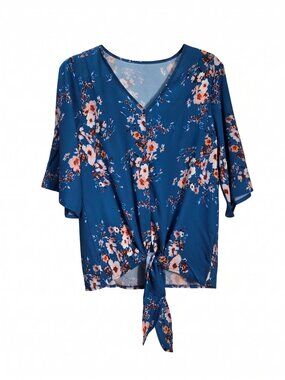 NWOT | Teal Blue Floral V-Neck Flutter Sleeve Tie-Front Top Small